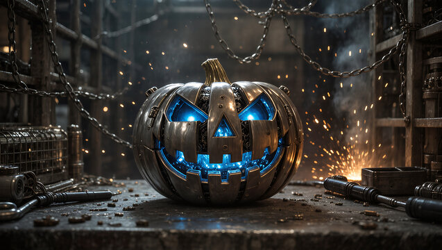 AI-generated image that fuses Halloween iconography with a dark, industrial, and science fiction aesthetic. The central subject is a Jack-o'-lantern reimagined as a cyborg or robotic metal pumpkin. - Powered by Adobe