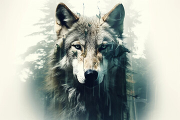 Wolf in the woods. Wild wolf and forest, double exposure