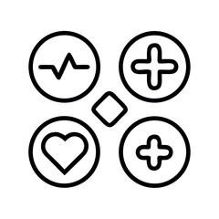 Fototapeta premium Four circle icons representing health and medical concepts with a central diamond shape