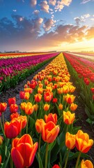 Obraz premium Vibrant Tulip Field Under Stunning Sunset Sky in Spring Season