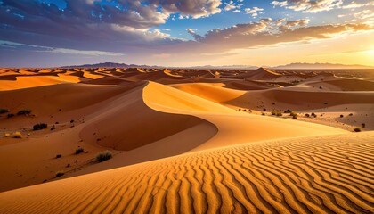 Serene Sunset Over Majestic Sand Dunes in a Desert Landscape