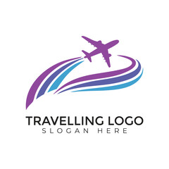 Tropical Adventure Travel Logo with Airplane, Mountains, and Sunset