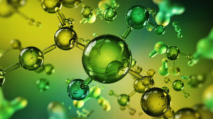 A closeup of green molecular structure with interconnected spheres and rods, science and technology concept