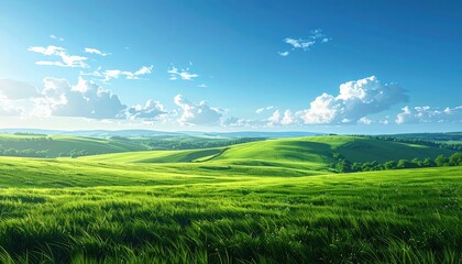 Fototapeta premium Lush Green Rolling Hills Under Bright Blue Sky with Fluffy Clouds