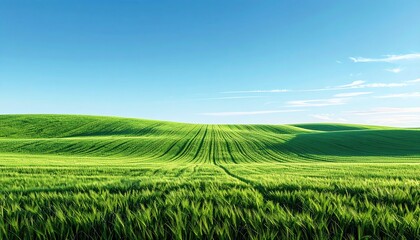Fototapeta premium Lush Green Fields Under Bright Blue Sky with Gentle Rolling Hills