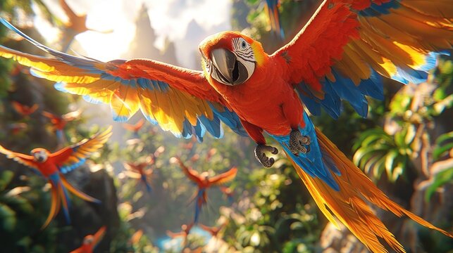 Scarlet Macaw flock soaring jungle sunrise, nature documentary