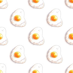 Watercolor illustration of fried eggs, seamless pattern on a white background. Hand-drawn sunny-side up eggs.