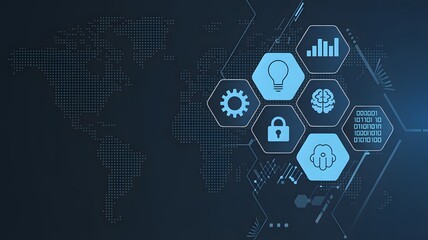 Global innovation and digital transformation concepts visualized with abstract tech icons and world map