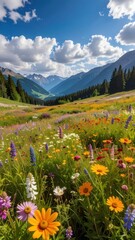 Obraz premium Vibrant Wildflowers in a Stunning Mountain Landscape