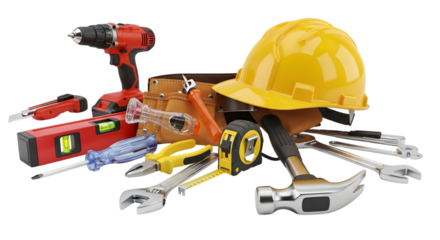 Collection of various construction tools and a yellow hard hat isolated on transparent background