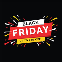 Vector art of black friday promotional banner featuring a red rectangle with the word friday in white letters and up to 75 off on a yellow banner