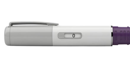 Medical insulin pen with purple cap and dosage window isolated on transparent background