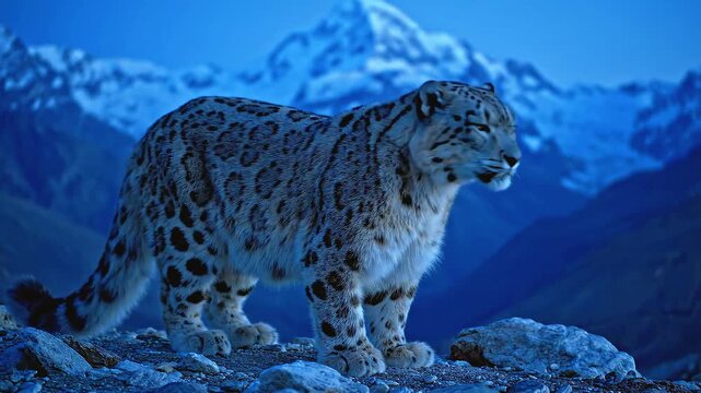Snow leopard prowling the mountain landscape
