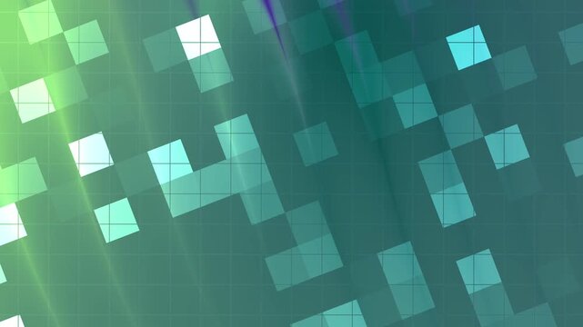 Abstracts Twirls Blink Square, Abstract geometric animation with squares and grid against a green and teal gradient background,  Video Stock royalty.