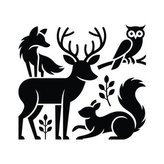 Forest Animals Silhouette Set | Deer, Fox, Owl, and Squirrel Vector Illustration for Wildlife and Woodland Nature Design