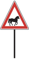 Png of warning sign indicating horses crossing isolated on transparent background, a triangular red and white road sign