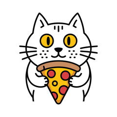 Cartoon illustration of a white cat holding a pepperoni pizza slice on bright turquoise blue background in playful minimalist style