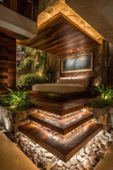 A modern outdoor bedroom with a wooden canopy and illuminated stone steps, showcasing a warm, inviting atmosphere.