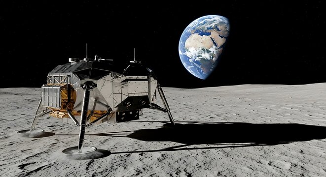 Lunar lander on gray regolith casting long shadow with Earthrise backdrop. - Powered by Adobe