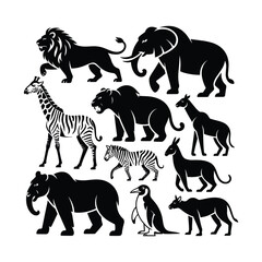 Wild Animal Silhouette Set | Lion, Elephant, Giraffe, Zebra, Tiger, Bear, Kangaroo, and Penguin Vector Illustration for Safari and Wildlife Design