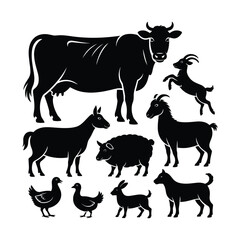 Farm Animals Silhouette Set | Cow, Goat, Sheep, Donkey, and Poultry Vector Illustration for Agriculture and Livestock Design
