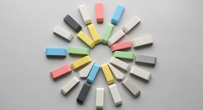 Vibrant Arrangement of Colorful Erasers Creating a Unique Decorative Pattern