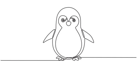 Continuous one line drawing of a penguin and its flippers close to its body, representing cuteness and endurance, line art style vector illustration.