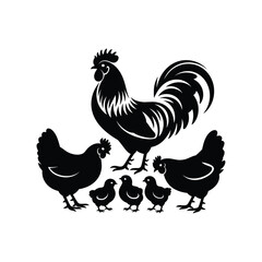 Chicken Family Silhouette | Rooster, Hen, and Chick Vector Illustration for Farm, Poultry, and Animal Design