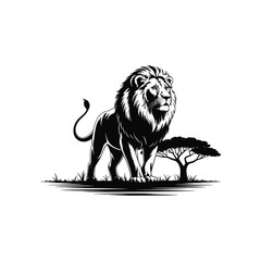 Lion Silhouette Vector | Majestic African Lion Illustration with Savannah Tree and Wildlife Nature Scene