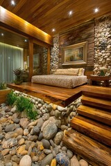 A luxurious bedroom boasts a captivating stone and wood design, featuring a bed platform built into a natural stone-lined garden with wooden steps.