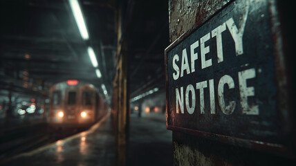 Gritty Safety Notice Sign in Dark Subway Station with Approaching Train