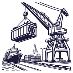 Obraz premium Industrial port scene with large crane loading shipping container onto cargo ship at dockside