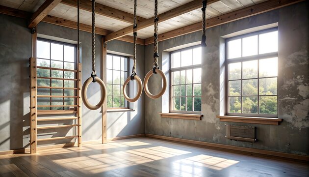 Gymnasium Interior with Wooden Rings and Windows in Natural Light