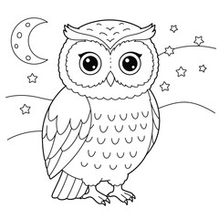 Cartoon owl on tree branch with moon and stars on a white background. EPS 10.