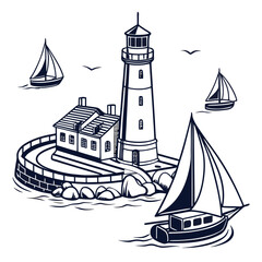 Nautical scene with a lighthouse attached keeper s house sailboats and seagulls on a white background