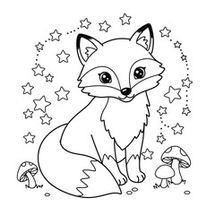 Cartoon fox with stars and mushrooms in forest scene on a white background. EPS 10.