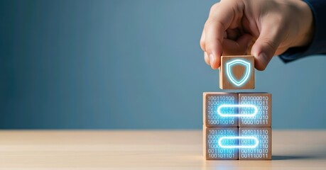 Cybersecurity and data protection concept A hand adds a shield block to secure digital information infrastructure