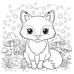Cartoon fox with stars and mushrooms in forest scene on a white background. EPS 10.