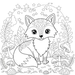 Cartoon fox with stars and mushrooms in forest scene on a white background. EPS 10.
