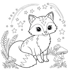 Cartoon fox with stars and mushrooms in forest scene on a white background. EPS 10.