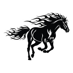 Dynamic black stallion galloping with fiery mane and tail silhouette art silhouette