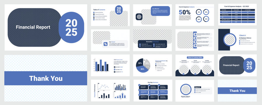 Modern 2025 Financial Report Presentation Template Business Analysis, Revenue Performance, Cost & Expense Breakdown, Charts, and Professional Slides.