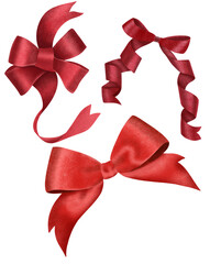 Hand drawn illustration on white background. Set of 3 festive red ribbon bows on a white background