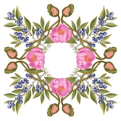 Hand drawn illustration on white background. Botanical composition with blueberries, pink peonies and poppies on a white background