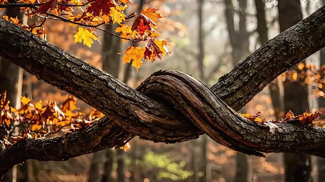 Nature's resilience twisted tree branches in autumn forest photographic art captivating landscape close-up perspective