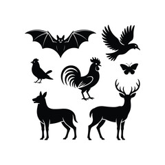Animal Silhouette Vector Set – Bat, Bird, Rooster, Butterfly, Dog, Deer Black and White Illustration