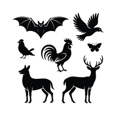 Animal Silhouette Vector Set – Bat, Bird, Rooster, Butterfly, Dog, Deer Black and White Collection