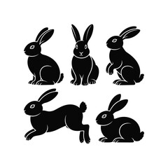 Rabbit Silhouette Vector Set – Black and White Bunny Sitting Jumping Running Illustration