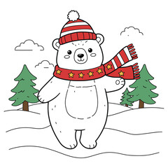 Cartoon polar bear with winter hat and scarf in snowfall on a white background. EPS 10.