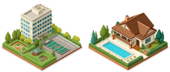 set of isometric graphics for a two-family house with an outdoor basketball court and swimming pool, vector illustration, white background,